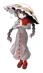 Rule 34 | 1girl, ajirogasa, alphes (style), black hair, black sandals, braid, buttons, capelet, clothes writing, commentary request, dairi, dress, frilled capelet, frilled hat, frills, full body, grey dress, hair tie, hat, large variant set, long hair, long sleeves, parody, puffy long sleeves, puffy sleeves, red capelet, red socks, sandals, snow, socks, solo, standing, style parody, tabi, tachi-e, touhou, transparent background, tsurime, twin braids, variant set, yatadera narumi