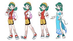 bike_shorts blue_dress clenched_hands dress full_body green_eyes green_hair hanecco_(arumican_orange) hat highres holding holding_poke_ball kris_(pokemon) kris_(sygna_suit)_(pokemon) nintendo official_alternate_costume poke_ball poke_ball_(basic) pokemon pokemon_gsc pokemon_masters_ex simple_background standing white_background yellow_hat