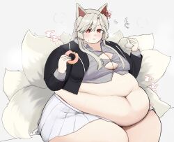 1girl 7sufyfhysfsdkn0 animal_ears big_belly blush breasts button_gap donut eating fat fat_woman flower flower_on_head food food_in_mouth fox_ears fox_girl grey_hair highres holding holding_food jacket large_breasts navel obese open_clothes open_jacket original red_eyes shirt sidelocks sitting skirt solo spider_lily sweat tight_clothes