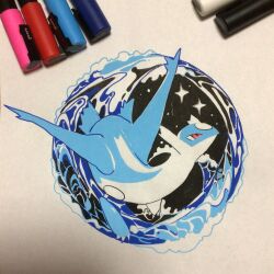 Rule 34 | art tools in frame, claws, commentary, flying, full body, gen 3 pokemon, highres, latios, legendary pokemon, marker, marker (medium), nintendo, no humans, oisisabatugun, pokemon, pokemon (creature), red eyes, solo, sparkle, traditional media, water, waving