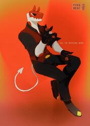 1boy artist_logo artist_name black_gloves black_pants black_sclera black_shirt brown_footwear claws closed_mouth collared_shirt colored_sclera colored_skin commentary demon_boy demon_horns demon_tail dice english_commentary english_text full_body furry furry_male gloves hand_up highres holding holding_dice horns invisible_chair logo looking_at_viewer male_focus orange_background original pants red_eyes red_skin red_vest shirt sitting smile solo tail trina_(pckgmeat) vest white_skin