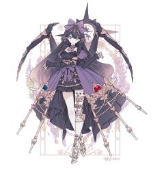 1girl arthropod_limbs black_dress black_hair blue_gemstone bow breasts colored_eyelashes commentary commission double-parted_bangs dress fashion floral_background frilled_dress frills full_body gem gold_embroidery gradient_hair hair_ornament heterochromia high_heels juliet_sleeves large_breasts lemon89h lolita_fashion long_hair long_sleeves looking_at_viewer multicolored_hair original puffy_sleeves purple_eyes red_eyes red_gemstone rococo_movement sleeves_past_wrists solo standing symbol-shaped_pupils very_long_hair wavy_hair
