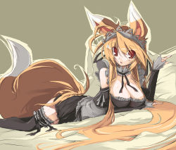 1girl animal_ears bad_id bad_pixiv_id bare_shoulders black_thighhighs blonde_hair breasts cleavage endou_chihiro female_focus fox fox_ears fox_tail kuu_(endou_chihiro) lap large_breasts long_hair lying maid maid_headdress on_stomach original red_eyes simple_background skirt solo tail thighhighs thighs