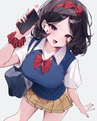 1girl adapted_costume animification bag black_eyes black_hair blue_sweater_vest blush bow bow_hairband bowtie breasts cellphone collared_shirt commentary cowboy_shot disney dress_shirt earrings fingernails food-themed_earrings hair_behind_ear hairband heart highres holding holding_phone index_finger_raised jewelry large_breasts long_fingernails looking_at_viewer loose_bowtie medium_hair miniskirt miyuchiq nail_polish open_mouth parted_bangs phone pleated_skirt red_bow red_bowtie red_hairband red_nails red_scrunchie school_bag school_uniform scrunchie shirt short_sleeves simple_background skirt smartphone smile snow_white_(disney) snow_white_and_the_seven_dwarfs solo standing sweater_vest symbol-only_commentary white_background white_shirt wrist_scrunchie yellow_skirt