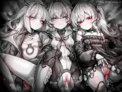 3girls blue_eyes blush eudie_(shadowverse) joints kupa_(jesterwii) long_hair monochrome multiple_girls orchis ralmia_(shadowverse) red_eyes shadowverse spot_color