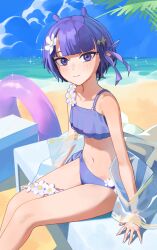 Rule 34 | 1girl, beach, bikini, closed mouth, commentary, day, flower, hair flower, hair ornament, hair ribbon, hechium, highres, hololive, hololive english, holonatsu paradise, light smile, looking at viewer, navel, ninomae ina&#039;nis, ninomae ina&#039;nis (holonatsu paradise), ocean, official alternate costume, official alternate hairstyle, purple bikini, purple eyes, purple hair, purple innertube, purple ribbon, ribbon, sand, short hair, sitting, solo, swimsuit, tentacle hair, virtual youtuber, white flower