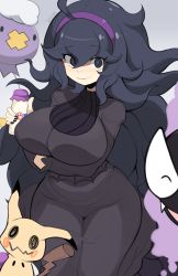 1girl @_@ ahoge alternate_breast_size black_dress black_eyes black_hair bottle breasts closed_mouth creatures_(company) dress drifloon game_freak gastly gen_1_pokemon gen_4_pokemon gen_7_pokemon hair_between_eyes hairband hex_maniac_(pokemon) highres jellcaps large_breasts long_dress long_sleeves matching_hair/eyes messy_hair milk_bottle mimikyu moomoo_milk nintendo pokemon pokemon_(creature) pokemon_xy smile turtleneck turtleneck_dress wavy_mouth