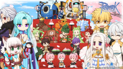 2boys 4girls :3 absurdres animal_ears blonde_hair blue_dress blue_sky blunt_bangs bonsai brother_and_sister brown_coat bun_with_braided_base cat_ears cat_girl character_doll charleston_3 cherry_blossoms chibi chibi_only coal coat cone_hair_bun copyright_notice day double_bun dress drum dryad_(ragnarok_online) el-a17t folding_screen food freezer_(ragnarok_online) fur_coat furry furry_female green_eyes grey_hair hair_bun heater_(ragnarok_online) heterochromia high_wizard_(ragnarok_online) highres hina_arare hinadan hinamatsuri hishaku instrument lif_(ragnarok_online) logo mansion_manager maram_(ragnarok_online) miriam_(ragnarok_online) mochi multiple_boys multiple_girls no_humans official_art official_wallpaper open_mouth outdoors parasite_(ragnarok_online) pope&#039;s_brother_(ragnarok_online) pope_(ragnarok_online) purple_eyes ragnarok_online red_eyes robe robot siblings sky solider_(ragnarok_online) spirit_handler_(ragnarok_online) suad_(ragnarok_online) sweetie_(ragnarok_online) teapot thick_eyebrows tree turtle twins white_dress white_hair white_robe wizard_of_veritas wooden_golem yellow_eyes yuichirou