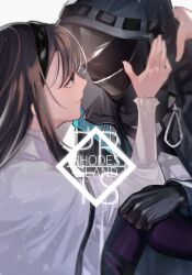 Rule 34 | 1girl, 1other, absurdres, akekaede824, ambiguous gender, arknights, black eyes, black gloves, black hairband, black jacket, brown hair, capelet, doctor (arknights), gloves, hairband, highres, hood, hooded jacket, jacket, long hair, long sleeves, looking at another, mask, priestess (arknights), upper body, white capelet