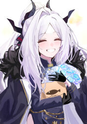 1girl absurdres ahoge black_coat black_gloves black_skirt blue_archive blue_flower blue_rose blush bouquet box coat coat_on_shoulders demon_girl demon_horns flower gloves happy_birthday highres hina_(blue_archive) hirekatsu-kan holding holding_bouquet holding_box horns long_hair looking_at_viewer rose simple_background skirt smile solo white_hair