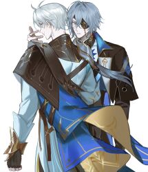 2boys anaxa_(honkai:_star_rail) antenna_hair black_gloves blue_eyes closed_mouth cowboy_shot crystal_wings duplicate earrings expressionless eyepatch eyewear_strap fingerless_gloves gloves grey_hair hair_intakes hair_over_shoulder hand_up highres hole_in_chest hole_on_body honkai:_star_rail honkai_(series) jewelry light_blush long_hair long_sleeves looking_at_viewer looking_back low_side_ponytail lyoo_(gajyago) male_focus multiple_boys multiple_rings one_eye_covered phainon_(honkai:_star_rail) profile red_pupils ring short_hair sideways_glance simple_background smile stud_earrings very_short_hair white_background white_hair yaoi