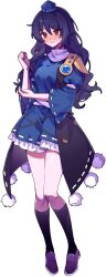 1girl armor blue_dress blue_hair blush breasts closed_mouth commentary_request dark_blue_hair dress full_body hair_between_eyes hand_up hat highres iizunamaru_megumu kinamielise kneehighs knees_together_feet_apart large_variant_set light_smile long_hair medium_breasts nose_blush pauldrons petticoat pigeon-toed pom_pom_(clothes) red_eyes shoulder_armor single_pauldron three-quarter_sleeves socks solo standing tachi-e thighs tokin_hat touhou transparent_background turtleneck variant_set very_long_hair vest waistcoat