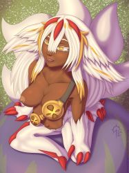 1girl absurdres alternate_breast_size breasts claws colored_skin dark-skinned_female dark_skin faputa fur hair_between_eyes highres made_in_abyss navel nipples nude poorly_drawn sacrificabominat solo white_fur white_hair yellow_eyes