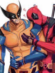 Rule 34 | beard, belt, bodysuit, clenched teeth, deadpool, deadpool &amp; wolverine, deadpool (series), facial hair, gloves, grabbing another&#039;s pectorals, hamu popopo, head on another&#039;s shoulder, heart, highres, katana, male focus, marvel, marvel cinematic universe, multiple boys, muscular, muscular male, pectoral grab, pectorals, red bodysuit, red mask, superhero costume, sword, sword on back, teeth, two-tone bodysuit, utility belt, weapon, weapon on back, wolverine (x-men), x-men, yaoi, yellow bodysuit