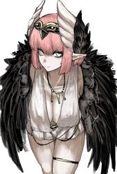1girl aqua_eyes bird_wings black_wings bob_cut breasts circe_(fate) cleavage closed_mouth collarbone commentary fate/grand_order fate_(series) head_wings highres jewelry large_breasts leaning_forward looking_at_viewer maabo_harusame medium_hair multicolored_eyes necklace pale_skin pink_eyes pink_hair pleated_skirt pointy_ears shirt simple_background skirt smile solo thigh_strap thighs tiara two-tone_eyes white_background white_shirt white_skirt white_wings wings