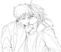 2boys aji_(sagi_45) atou_haruki closed_eyes closed_mouth commentary_request fur-trimmed_jacket fur_trim greyscale highres inseki isoi_reiji jacket kiss kissing_cheek male_focus medium_hair monochrome multiple_boys open_clothes open_jacket saibou_shinkyoku shirt short_hair simple_background sweater turtleneck turtleneck_sweater upper_body white_background yaoi