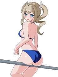 Rule 34 | against railing, aitshef, arms at sides, barbara (genshin impact), bare arms, bare shoulders, bikini, blonde hair, blue bikini, blue eyes, blush, breasts, commentary, genshin impact, hair between eyes, highres, looking at viewer, looking back, medium breasts, open mouth, railing, signature, simple background, smile, swimsuit, thighs, white background
