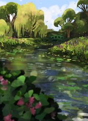 blue_sky bridge bush cattail cloud cloudy_sky day dutch_angle flower forest grass landscape lily_pad nature no_humans original outdoors painterly pink_flower plant reflection reflective_water river scenery sky willow zandra