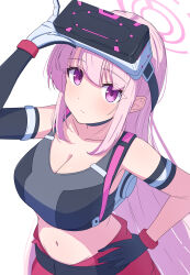1girl absurdres alternate_costume aot. bare_shoulders black_gloves black_sports_bra blue_archive breasts cleavage closed_mouth eimi_(blue_archive) elbow_gloves gloves hair_between_eyes hand_on_headwear hand_on_own_hip head-mounted_display highres large_breasts long_hair looking_at_viewer navel pink_eyes pink_hair sidelocks single_elbow_glove solo sports_bra stomach white_background
