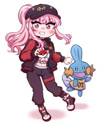 Rule 34 | 1girl, arexsudraws, baseball cap, basketball jersey, black hat, black jacket, black pants, blush, commentary, creatures (company), crop top, english commentary, fishnet top, fishnets, floating hair, game freak, gen 3 pokemon, grin, hat, high tops, highres, holding, holding poke ball, hololive, hololive english, jacket, jewelry, long hair, long sleeves, looking at viewer, mori calliope, mori calliope (streetwear), mudkip, multicolored jacket, navel, necklace, nintendo, official alternate costume, open clothes, open jacket, open mouth, pants, pink eyes, pink hair, poke ball, poke ball (basic), pokemon, pokemon (creature), ponytail, red jacket, shirt, shoes, simple background, skull print, smile, sneakers, standing, sweatpants, track pants, track suit, twitter username, two-tone jacket, virtual youtuber, white background, white shirt