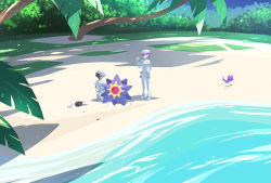 2boys aether_foundation_employee aether_foundation_employee_(cosplay) banned_artist brown_hair commentary_request cosplay day dulse_(pokemon) forgotten_artist gen_1_pokemon gen_7_pokemon gloves hat holding holding_pokemon jumpsuit kneeling male_focus multiple_boys nintendo outdoors palm_tree poipole pokemon pokemon_(creature) pokemon_usum purple_hair pyukumuku sand shoes shore short_hair standing starmie tree ultra_beast water white_footwear white_gloves white_headwear white_jumpsuit