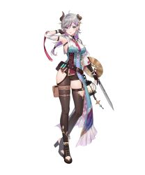 1girl armpits asymmetrical_legwear atelier_(series) atelier_resleriana belt black_footwear black_shorts black_thighhighs blue_coat blue_eyes blush breasts broken_horn clothing_cutout coat demon_horns double_blade frills full_body gloves hair_between_eyes high_heels highres horns long_sleeves looking_at_viewer multicolored_hair multiple_belts official_art partially_fingerless_gloves pouch purple_hair shorts showgirl_skirt sideboob solo sparkle standing swept_bangs thigh_pouch thigh_strap thighhighs tokki transparent_background two-tone_hair valeria_(atelier) white_hair