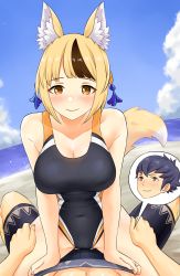 1boy 1girl absurdres alternate_breast_size alternate_costume animal_ear_fluff animal_ears beach black_male_swimwear black_one-piece_swimsuit black_swim_trunks blonde_hair blue_hair blush breasts cloud commission commissioner_upload competition_swimsuit covered_navel fire_emblem fire_emblem_fates fox_ears fox_tail girl_on_top hair_ornament hands_on_another&#039;s_thighs happy highres igni_tion jewelry kiragi_(fire_emblem) looking_at_viewer lying male_swimwear married multicolored_hair nintendo on_back one-piece_swimsuit pov ring selkie_(fire_emblem) smile straddling swim_trunks swimsuit tail wedding_ring