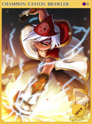 1boy bandana belt black_gloves black_pants black_shoes card_(medium) champion_(ragnarok_online) championship_belt character_name clenched_hands coat commentary english_commentary full_body gloves gold_trim hood hooded_coat looking_at_viewer male_focus mouth_hold multicolored_coat mvp pants pencil punching ragnarok_online red_bandana red_coat red_eyes shoes short_hair sleeveless sleeveless_coat socks solo sunglasses two-tone_coat two-tone_gloves warlockfier white_coat white_gloves white_hair white_socks