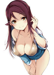 1girl bikini bikini_top_only breasts closed_mouth collarbone commentary_request cowboy_shot gengoroh gold_bikini hair_ornament hairclip hand_up highres leaning_forward light_blush long_hair love_live! love_live!_sunshine!! medium_breasts o-ring o-ring_bikini o-ring_top red_hair sakurauchi_riko simple_background smile solo swimsuit white_background yellow_eyes
