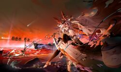 1girl absurdly_long_hair alternate_costume ayanami_(azur_lane) ayanami_(destroyer) azur_lane bare_shoulders black_nails brown_thighhighs feet from_side hair_between_eyes hat headgear highres holding holding_sword holding_weapon huge_weapon jacket liwendala long_hair manjuu_(azur_lane) nail_polish no_shoes peaked_cap personification red_eyes scenery solo stirrup_legwear sunset sword thighhighs toeless_legwear toenail_polish toenails vehicle_and_personification very_long_hair water weapon white_hair white_hat white_jacket