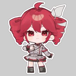 1girl :3 ahoge arm_at_side black_boots black_skirt black_sleeve_cuffs blush boots bow chibi chibi_only drill_hair flat_chest full_body grey_background grey_jacket grey_skirt hair_between_eyes hair_bow hair_ribbon hand_up hashtag-only_commentary highres jacket kasane_teto kasane_teto_(sv) kneehighs lace-up_boots layered_skirt layered_sleeves long_sleeves looking_at_viewer musical_staff musical_staff_print outline red_eyes red_hair red_skirt red_socks red_trim ribbon shoulder_belt shoulder_boards simple_background skirt skirt_set socks solo striped_clothes striped_jacket synthesizer_v twin_drills utau vocaloid_boxart_pose white_bow white_outline white_ribbon yomiya_amaneko