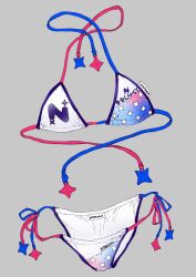 bikini clothes_focus clothes_only commentary copyright_name grey_background highres jyaco nanashi_inc. no_humans print_bikini side-tie_bikini_bottom simple_background star_(symbol) star_print swimsuit symbol-only_commentary tag white_bikini