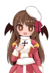 Rule 34 | 1girl, beret, black wings, blush, bow, breasts, brown eyes, brown hair, commentary request, cowboy shot, cross, dress, hat, head wings, high priest (ragnarok online), juliet sleeves, long hair, long sleeves, looking at viewer, medium breasts, open mouth, pochiko (poteko), puffy sleeves, ragnarok online, red bow, red dress, sash, simple background, smile, solo, transparent background, two-tone dress, white dress, white hat, white sash, wings
