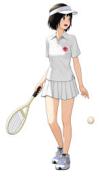 1girl ball black_eyes black_hair full_body hat highres holding_tennis_racket looking_to_the_side maburu_(lojyq1eur3e8bit) miniskirt open_mouth original pleated_skirt polo_shirt shirt shoes simple_background skirt sneakers solo sportswear standing tennis tennis_ball tennis_uniform visor_cap white_background white_hat white_shirt white_shoes white_skirt