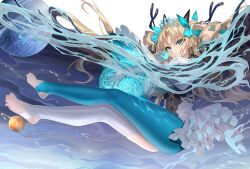 Rule 34 | 1girl, absurdres, blonde hair, breasts, curled horns, ereshkigal (fate), fate/grand order, fate (series), gloves, green eyes, green pantyhose, hair ribbon, headpiece, highres, horns, leotard, long hair, looking at viewer, medium breasts, pantyhose, planet, ribbon, smile, solo, space ereshkigal (fate), space ereshkigal (third ascension) (fate), stirrup legwear, toeless legwear, water, white leotard, xo (xo17800108)