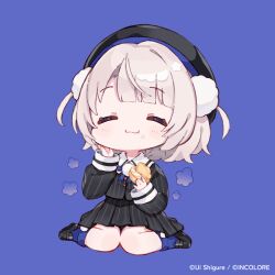 1girl :t ^_^ beret black_hat black_shirt black_shoes black_skirt blue_background blue_socks blush brown_hair chibi closed_eyes closed_mouth collared_shirt dress_shirt eating facing_viewer food food_on_face full_body hat holding holding_food loafers official_art pinstripe_pattern pinstripe_shirt pinstripe_skirt pleated_skirt sencha_(senta_10) shirt shoes simple_background sitting skirt socks solo two_side_up ui_(voisona) voisona wariza