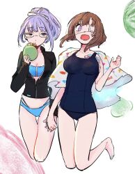 2girls bikini blue_bikini blue_fire brown_hair eyepatch fire glasses heaven_burns_red highres higuchi_seika hiiragi_kozue interlocked_fingers kulfiq medium_hair multiple_girls one-piece_swimsuit one_eye_covered purple_eyes purple_hair school_swimsuit surprised swimsuit yuri