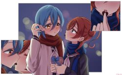 2girls absurdres black_cardigan black_sailor_collar black_shirt blue_eyes blue_hair blue_scarf blurry blush bokeh border candy cardigan chocolate chocolate_heart closed_eyes coat commentary_request couple crossed_bangs dating depth_of_field food food_in_mouth hair_between_eyes hair_bun heart heart-shaped_food highres holding holding_chocolate holding_food long_sleeves looking_at_another love_live! love_live!_superstar!! mouth_hold multiple_girls multiple_views neckerchief nose_blush open_clothes open_coat open_mouth orange_eyes outside_border parted_lips profile red_hair red_scarf rikka006 sailor_collar scarf school_uniform serafuku sharing_food shirt short_hair short_hair_with_long_locks single_side_bun upper_body valentine wakana_shiki white_border white_coat white_neckerchief yoneme_mei yuri