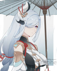 Rule 34 | 1girl, black bodysuit, bodysuit, braid, breast curtains, breasts, character name, closed mouth, detached sleeves, earrings, genshin impact, grey hair, hair ornament, hair over one eye, highres, holding, holding umbrella, jewelry, large breasts, long hair, looking at viewer, low-braided long hair, low-tied long hair, oil-paper umbrella, rain, rj (lingshih10), shenhe (genshin impact), sidelocks, solo, tassel, tassel earrings, umbrella, upper body