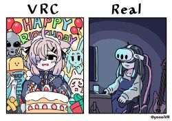 alien animal_ears balloon birthday_cake black_hair blue_overalls box cake cat_ears food gift gift_box grey_hair happy_birthday head-mounted_display highres indoors monitor overalls simple_background v vrchat yonoisan zipper