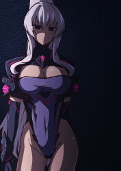 Rule 34 | 1girl, absurdres, aoi tabane, black gloves, breasts, cleavage, cleavage cutout, closed mouth, clothing cutout, corruption, covered navel, cowboy shot, dark persona, elbow gloves, empty eyes, expressionless, exs-slave, gloves, gluteal fold, grey hair, highleg, highleg leotard, highres, kouyoku senki exs-tia, large breasts, leotard, long hair, looking at viewer, ponytail, purple eyes, purple leotard, rieszverne suzette paladill, solo, standing, very long hair, white hair