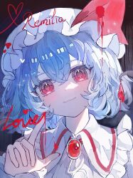 1girl absurdres bat_wings blood blue_hair brooch character_name collared_shirt english_text frilled_shirt_collar frills hair_between_eyes hashtag-only_commentary hat hat_ribbon heart highres jewelry looking_at_viewer mob_cap red_brooch red_eyes red_nails red_ribbon remilia_scarlet ribbon shirt short_hair smile solo touhou upper_body wings yuuneka