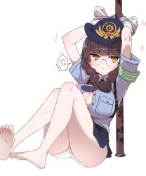 1girl barefoot black_survival blue_hat blue_shirt braid breasts brown_hair eternal_return:_black_survival glasses hat highres large_breasts legs looking_at_viewer official_alternate_costume police police_uniform policewoman restrained round_eyewear shirt simple_background solo sumiyao_(amam) suzuki_aya suzuki_aya_(on-duty) thighs toes twin_braids white_background