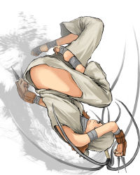 1girl absurdres ankle_wrap artistic_error bad_anatomy bad_feet bad_hands bandages barefoot capcom dirty dirty_feet feet female_focus gauntlets gloves hakama hakama_skirt highres hip_vent ibuki_(street_fighter) japanese_clothes jumping kunai ninja no_panties skirt solo street_fighter street_fighter_iii_(series) taba_comya upside-down weapon wrist_wrap wrong_hand