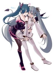 2girls aile_d&#039;ange_(module) anklet bare_shoulders belt black_dress black_ribbon black_vs_white black_wings blue_eyes blue_hair blush boots bra butterfly_hair_ornament collarbone commentary demon_tail detached_sleeves dress dual_persona feathered_wings frilled_bra frilled_dress frills grabbing_another&#039;s_breast groping hair_ornament hair_ribbon hand_on_belt hatsune_miku hatsune_miku_(aile_d&#039;ange) hatsune_miku_(honey_whip) headphones heart high_heels highres jewelry knee_boots lace-up_sleeves lace-up_top lady-ichiko layered_dress leg_up long_hair looking_at_another midriff multiple_girls nail_polish open_mouth pantyhose project_diva_(series) ribbon shirt skirt spaghetti_strap sweat tail thighhighs tongue tongue_out twintails twitter_username underwear very_long_hair vocaloid white_legwear white_shirt wings yuri