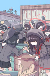 6+girls :t absurdres akanbe arm_wrestling black_skirt blue_archive blue_sky chain-link_fence commentary cup drinking drum_(container) eyelid_pull faceless faceless_female fence grey_sailor_collar grey_serafuku gun hair_over_eyes halo helmet_gangster_(blue_archive) highres holding holding_cup holding_hands justice_task_force_member_(blue_archive) long_sleeves multiple_girls neckerchief outdoors prefect_team_member_(blue_archive) rabu_(blue_archive) red_halo red_neckerchief sailor_collar school_uniform serafuku shimotsu. shotgun skirt sky teacup tongue tongue_out weapon white_halo