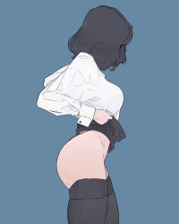 Rule 34 | 1girl, adjusting clothes, ass, black hair, black thighhighs, blue background, breasts, cowboy shot, elliemaplefox, from side, groin, medium breasts, medium hair, no panties, original, shirt, simple background, skindentation, solo, spot color, standing, thighhighs, white shirt