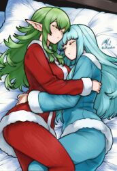 2girls blue_hair blue_pants blue_shirt blunt_bangs breasts closed_eyes commentary commission double-parted_bangs english_commentary feet_out_of_frame fire_emblem from_above green_hair hair_between_eyes highres hug large_breasts long_hair long_sidelocks long_sleeves lying multiple_girls ninian_(fire_emblem) nintendo on_bed on_side pants parted_lips pointy_ears red_pants red_shirt rotomdocs shirt sidelocks signature sleeping teeth tiki_(fire_emblem) white_trim yuri