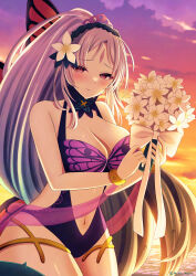 1girl absurdres black_one-piece_swimsuit blush bouquet breasts cleavage closed_mouth commentary_request facial_mark fairy fairy_wings fire_emblem fire_emblem_heroes flower forehead_mark grey_hair hair_flower hair_ornament highres holding holding_bouquet large_breasts long_hair looking_at_viewer mizumura_(midu_mura) navel nintendo ocean official_alternate_costume one-piece_swimsuit plumeria plumeria_(fire_emblem) plumeria_(summer)_(fire_emblem) pointy_ears ponytail red_eyes smile solo stomach swimsuit thorns twitter_username very_long_hair water white_flower wings