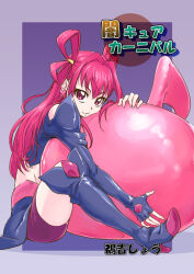 1girl biker_clothes black_skirt butterfly_earrings dark_cure_(yes!_precure_5) dark_dream earrings fingerless_gloves gloves hair_rings holding jewelry long_hair looking_at_viewer midriff pink_eyes pink_hair pink_shorts precure shorts skirt translation_request uyoshi yes!_precure_5